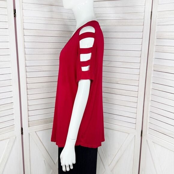 Bobeau Ladder Cutouts Short Sleeve T Shirt Red Small Cold Shoulder - Picture 2 of 12